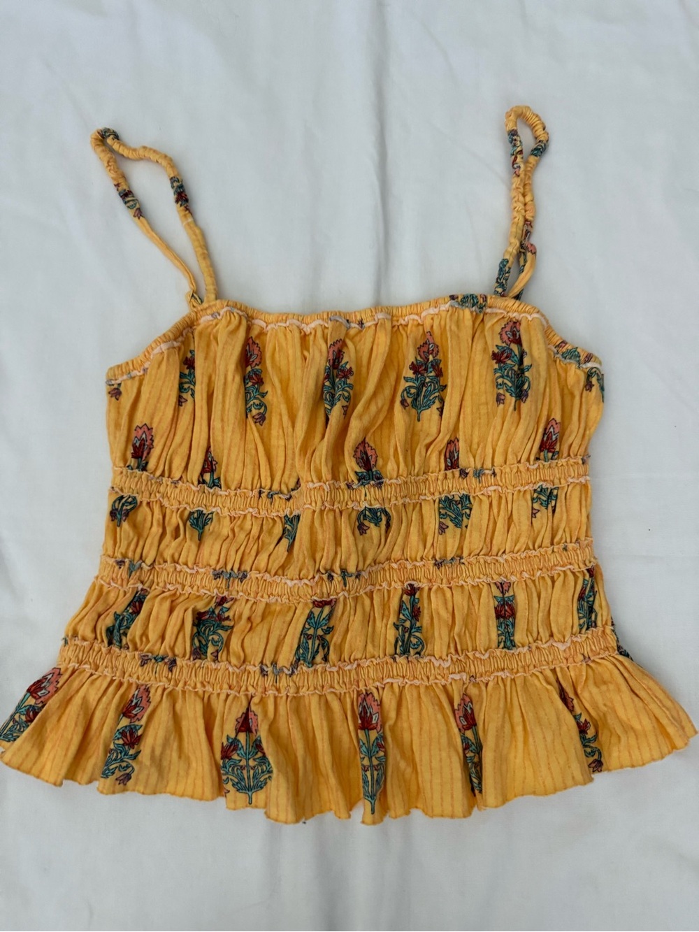 We the Free Yellow Floral Smocked Spaghetti Strap Tank Top